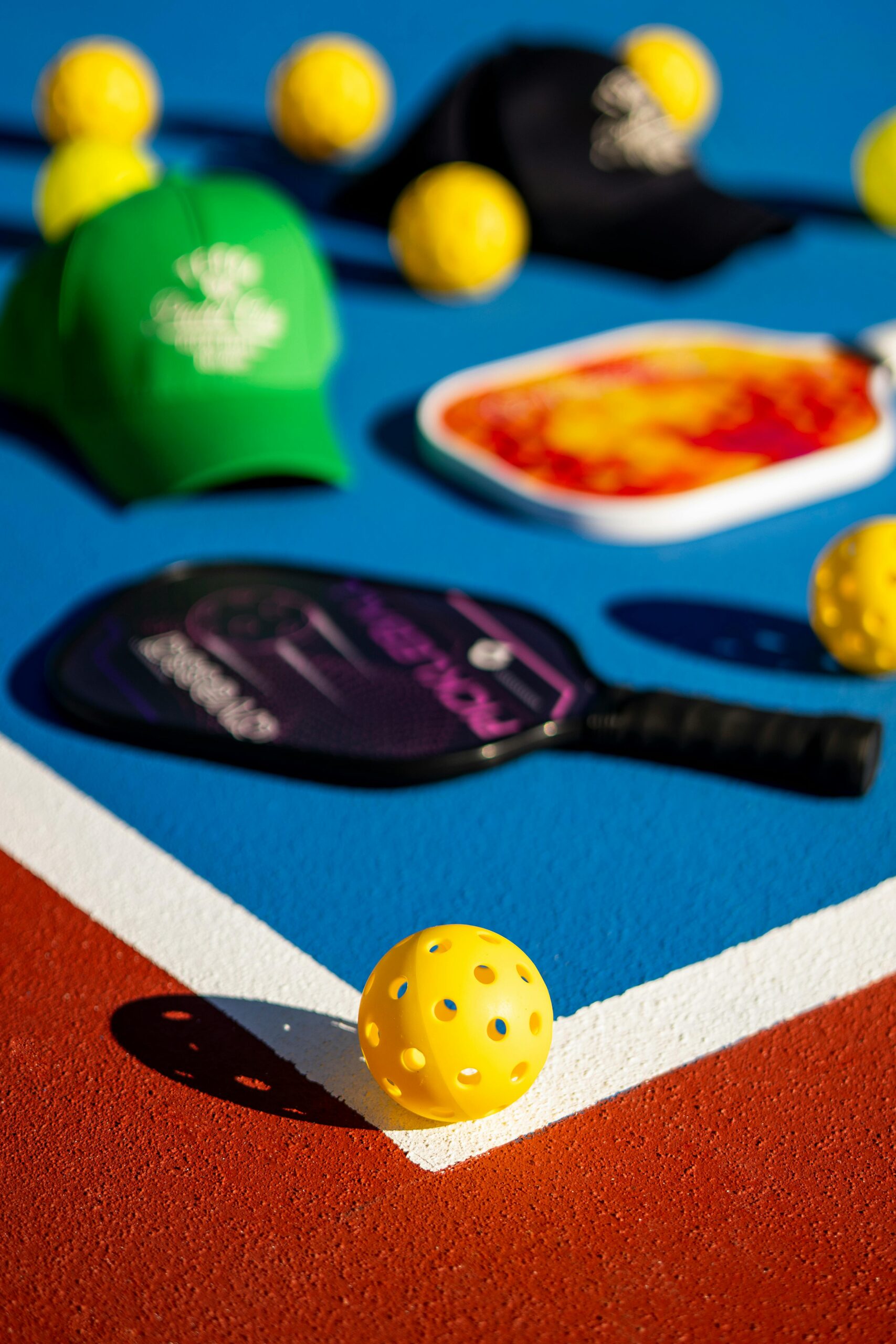 Colorful pickleball paddles, balls, and hats on a bright outdoor court.